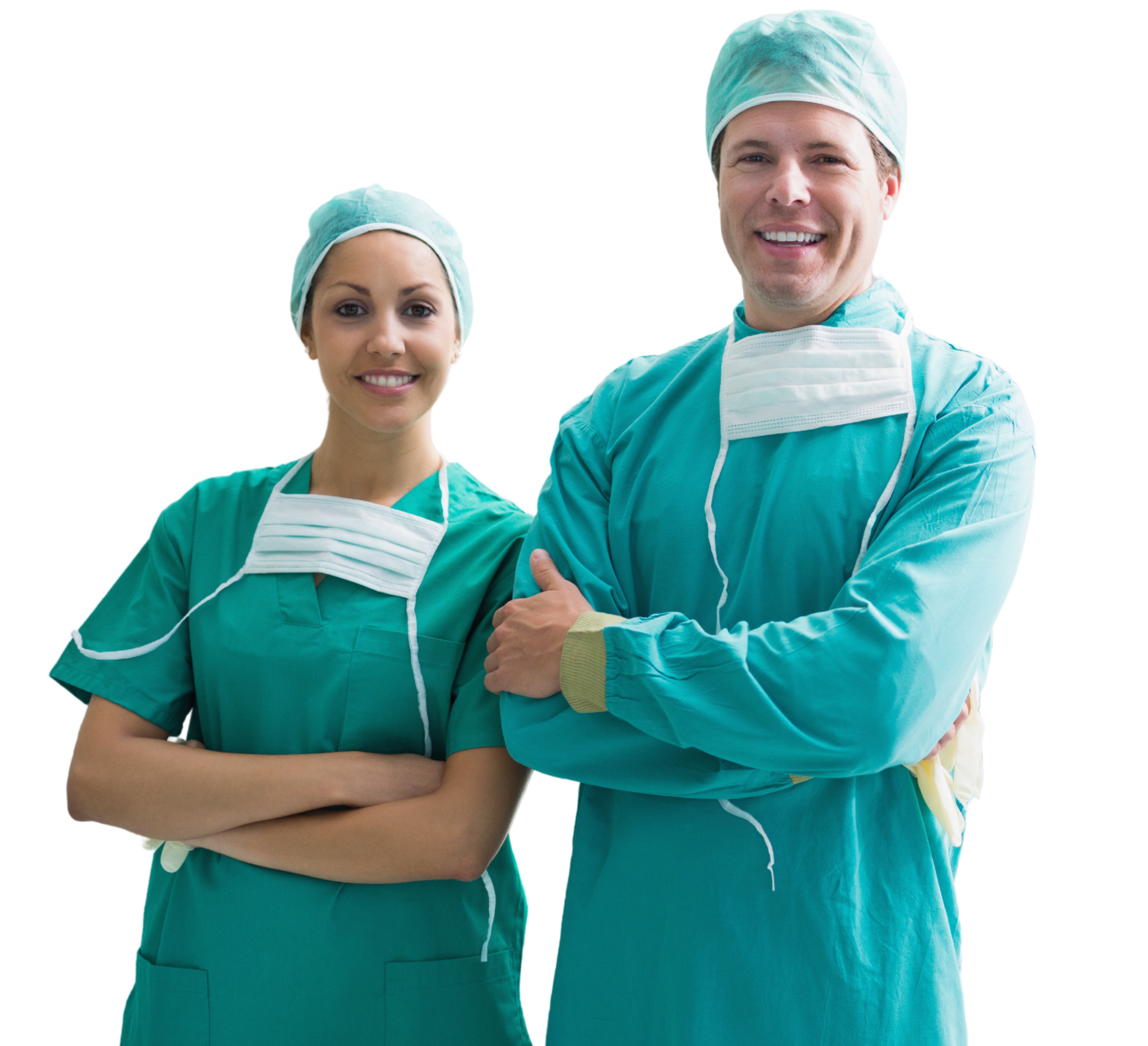 Smiling male and female doctors in white lab coats with stethoscopes, standing confidently with medical files and a tablet. Professional healthcare team providing quality medical care.